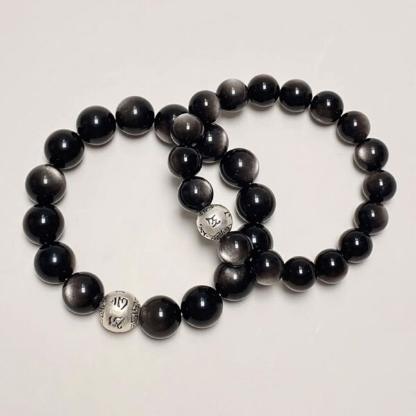 Abundance & Prosperity Black Obsidian Sterling Silver Bracelet - Unisex Couple's Energy Jewelry with Six Sacred Syllables