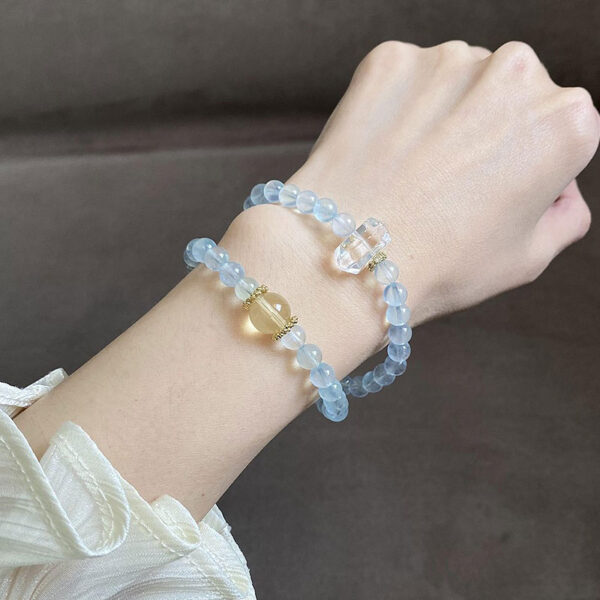 Dawn Natural White & Yellow Double-Terminated Crystal + Aquamarine Beaded Bracelet – Minimalist Double-Layer Design for Women, Summer Elegance