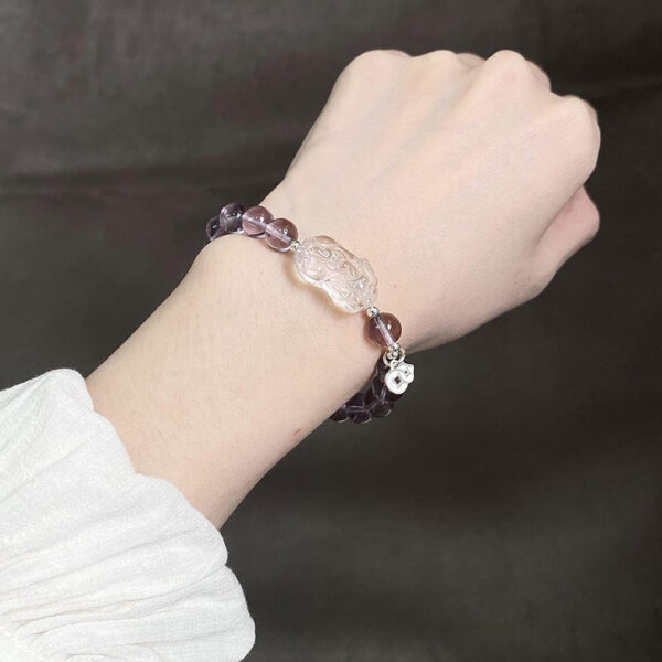 Natural Amethyst & Clear Crystal Pi Xiu Silver Bracelet