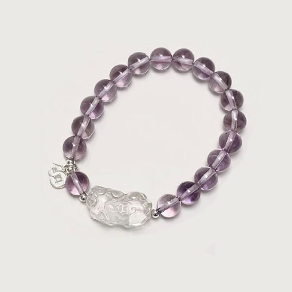 Natural Amethyst & Clear Crystal Pi Xiu Silver Bracelet - Image 2