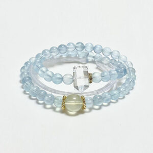 Dawn Natural White & Yellow Double-Terminated Crystal + Aquamarine Beaded Bracelet – Minimalist Double-Layer Design for Women, Summer Elegance