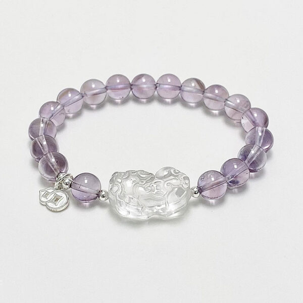 Natural Amethyst & Clear Crystal Pi Xiu Silver Bracelet